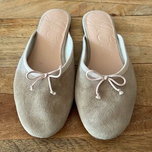 J CREW TAUPE BEIGE SUEDE BALLET BOW SLIDES FLATS SHOES US 7.5